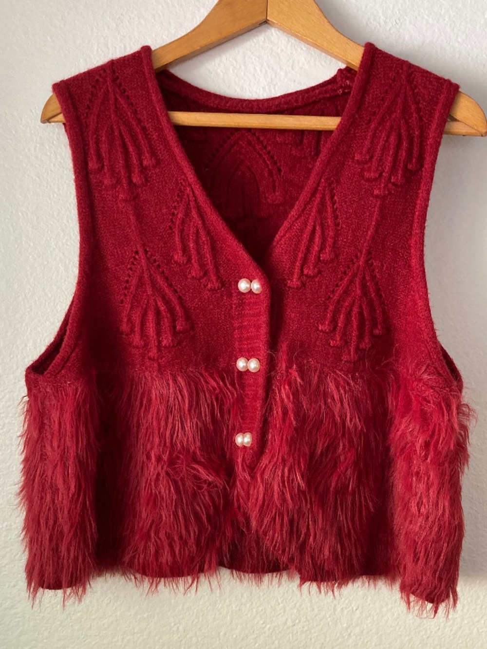 Knitted Fluffy Sweater Vest Button Front Red Whimsy Boho Grannycore